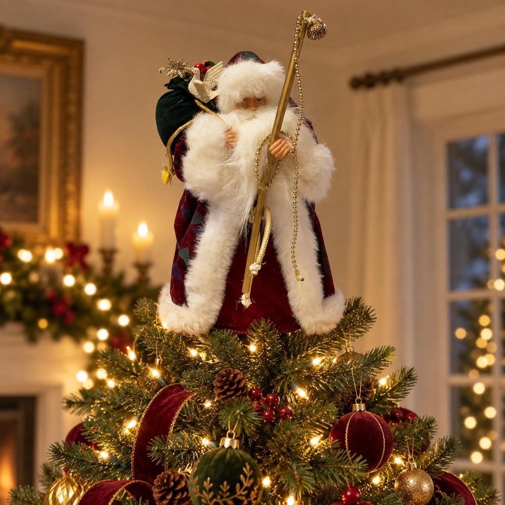 VTG Christmas Santa Green Gold Brocade Coat Blue Velvet Robe tree topper